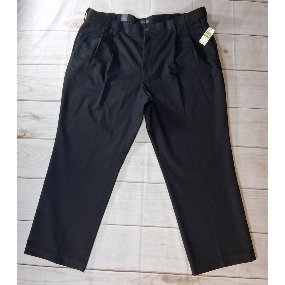 IZOD Mens 44x30 American Chino Black Pant Double Pleat Extender Waist Big & Tall